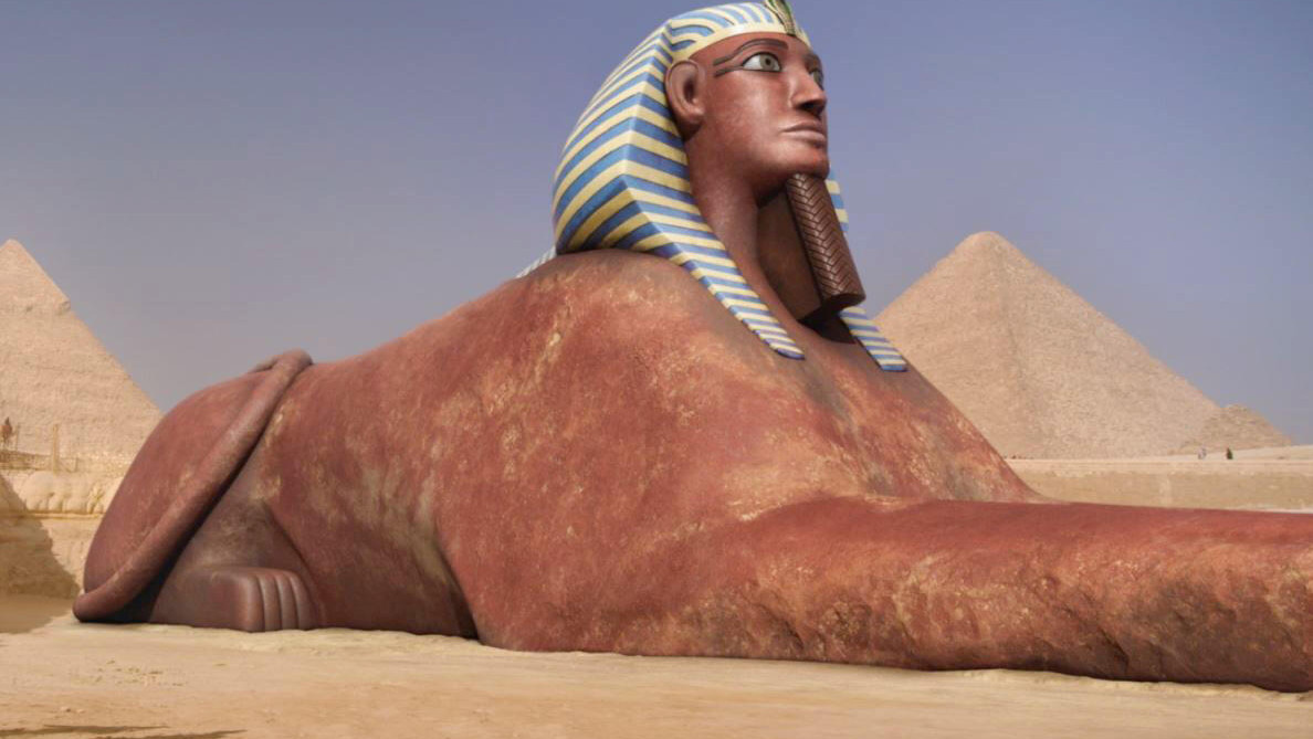 Image du Sphinx, avec en toile de fond les pyramides